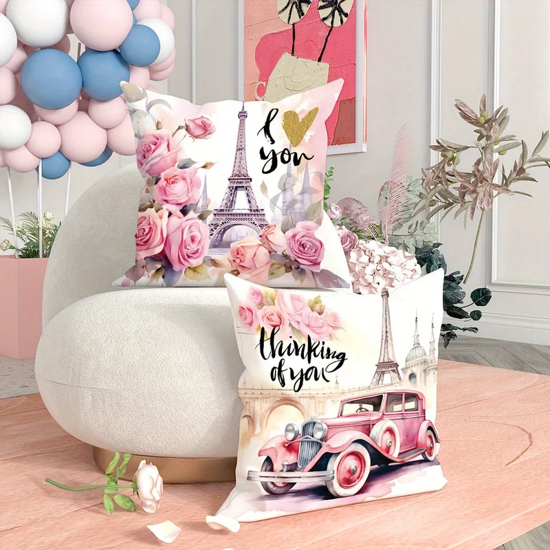 2 Stück Paris Eiffelturm Blumenauto Rosa Dekokissenbezüge, Valentinstag Dekokissenbezüge, Samt Deko Kissenbezug 45×45Cm/18"×18" für Valentinstag Party Wohnzimmer Schlafzimmer Sofa Bett Zuhause