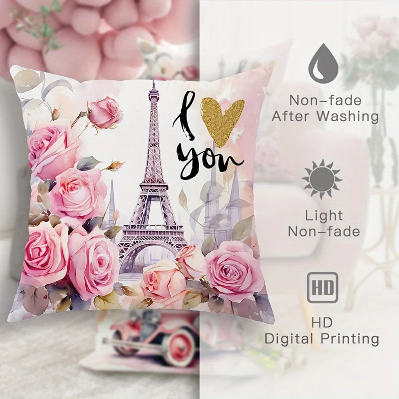 2 Stück Paris Eiffelturm Blumenauto Rosa Dekokissenbezüge, Valentinstag Dekokissenbezüge, Samt Deko Kissenbezug 45×45Cm/18"×18" für Valentinstag Party Wohnzimmer Schlafzimmer Sofa Bett Zuhause