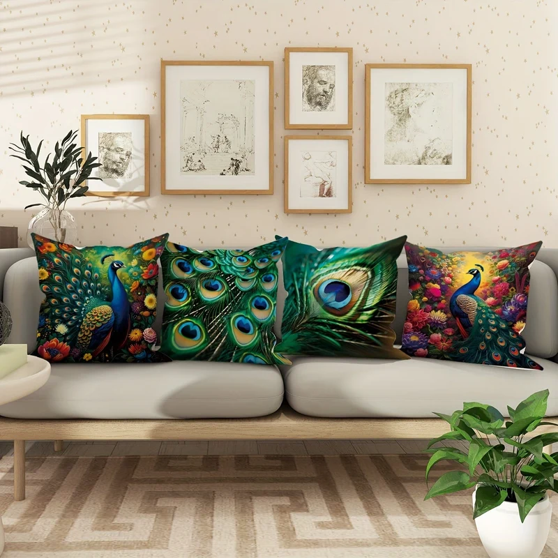 4 Stück, Pfauenfeder, Tier, Blumen, botanisch, grün, smaragdgrün, Polyester-Kissenbezüge, elegante Kissenbezüge, dekorative Kissenbezüge 45 x 45 cm, geeignet für Wohnzimmer, Schlafzimmer, Sofa, Bett, Dekoration