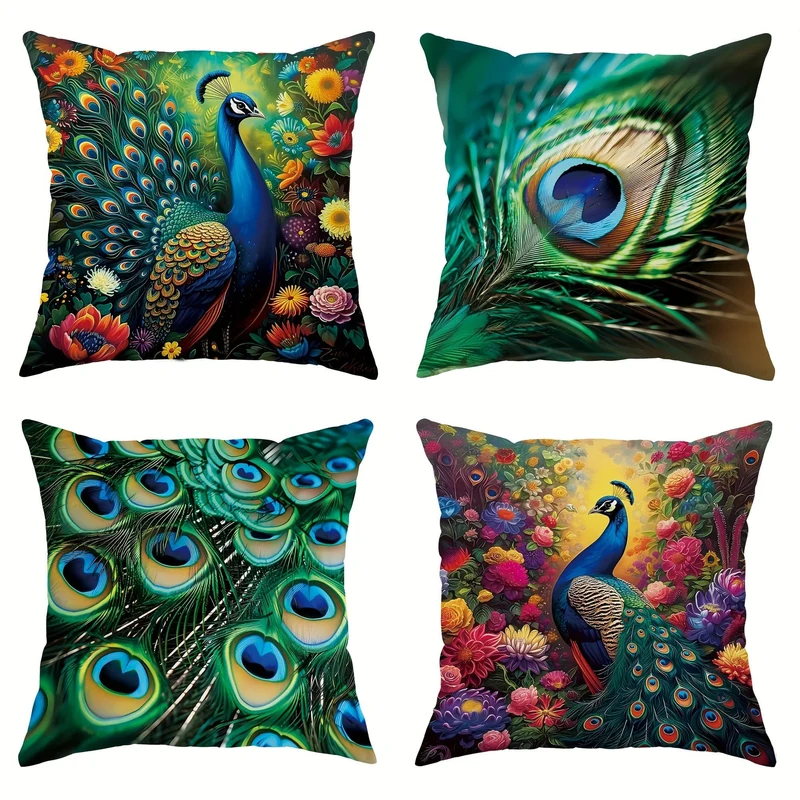 4 Stück, Pfauenfeder, Tier, Blumen, botanisch, grün, smaragdgrün, Polyester-Kissenbezüge, elegante Kissenbezüge, dekorative Kissenbezüge 45 x 45 cm, geeignet für Wohnzimmer, Schlafzimmer, Sofa, Bett, Dekoration