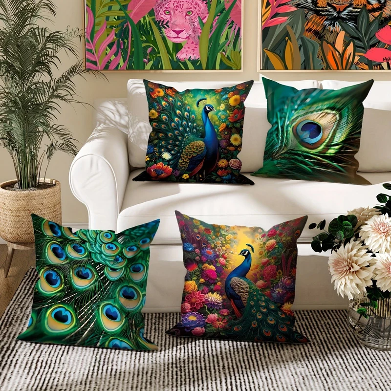 4 Stück, Pfauenfeder, Tier, Blumen, botanisch, grün, smaragdgrün, Polyester-Kissenbezüge, elegante Kissenbezüge, dekorative Kissenbezüge 45 x 45 cm, geeignet für Wohnzimmer, Schlafzimmer, Sofa, Bett, Dekoration