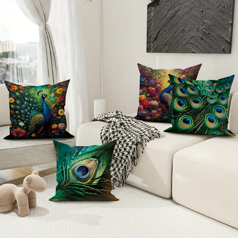 4 Stück, Pfauenfeder, Tier, Blumen, botanisch, grün, smaragdgrün, Polyester-Kissenbezüge, elegante Kissenbezüge, dekorative Kissenbezüge 45 x 45 cm, geeignet für Wohnzimmer, Schlafzimmer, Sofa, Bett, Dekoration