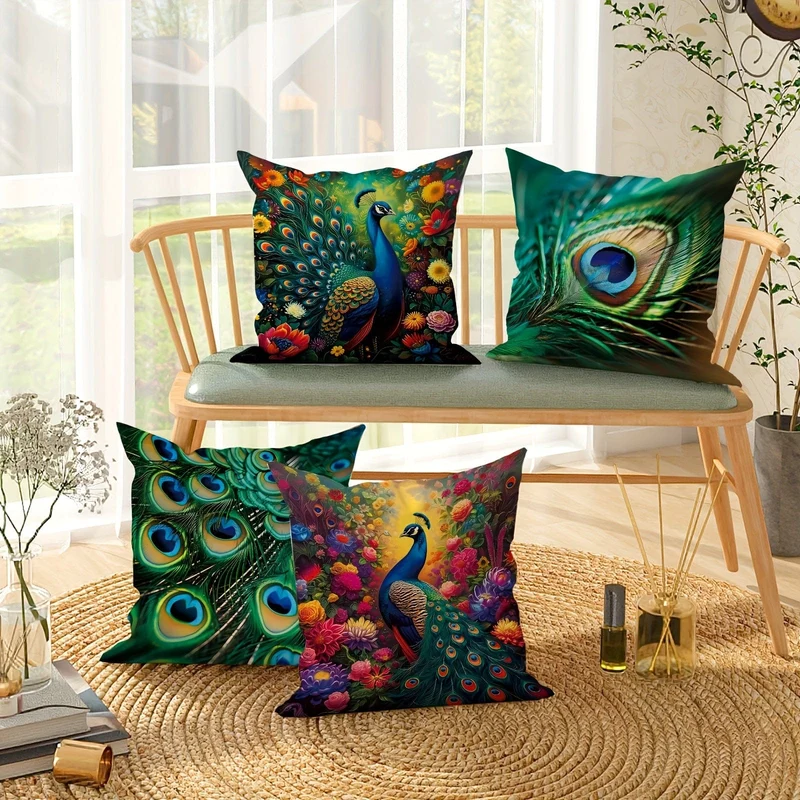 4 Stück, Pfauenfeder, Tier, Blumen, botanisch, grün, smaragdgrün, Polyester-Kissenbezüge, elegante Kissenbezüge, dekorative Kissenbezüge 45 x 45 cm, geeignet für Wohnzimmer, Schlafzimmer, Sofa, Bett, Dekoration