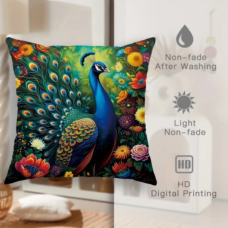 4 Stück, Pfauenfeder, Tier, Blumen, botanisch, grün, smaragdgrün, Polyester-Kissenbezüge, elegante Kissenbezüge, dekorative Kissenbezüge 45 x 45 cm, geeignet für Wohnzimmer, Schlafzimmer, Sofa, Bett, Dekoration