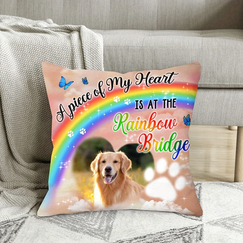 1 Stück, Gift For Loss Pet Custom 45.72 x 45.72 cm, superweiches, kurzes Plüsch-Wurfkissen, Foto „Ein Stück meines Herzens ist an der Regenbogenbrücke“ (kein Kissenkern)