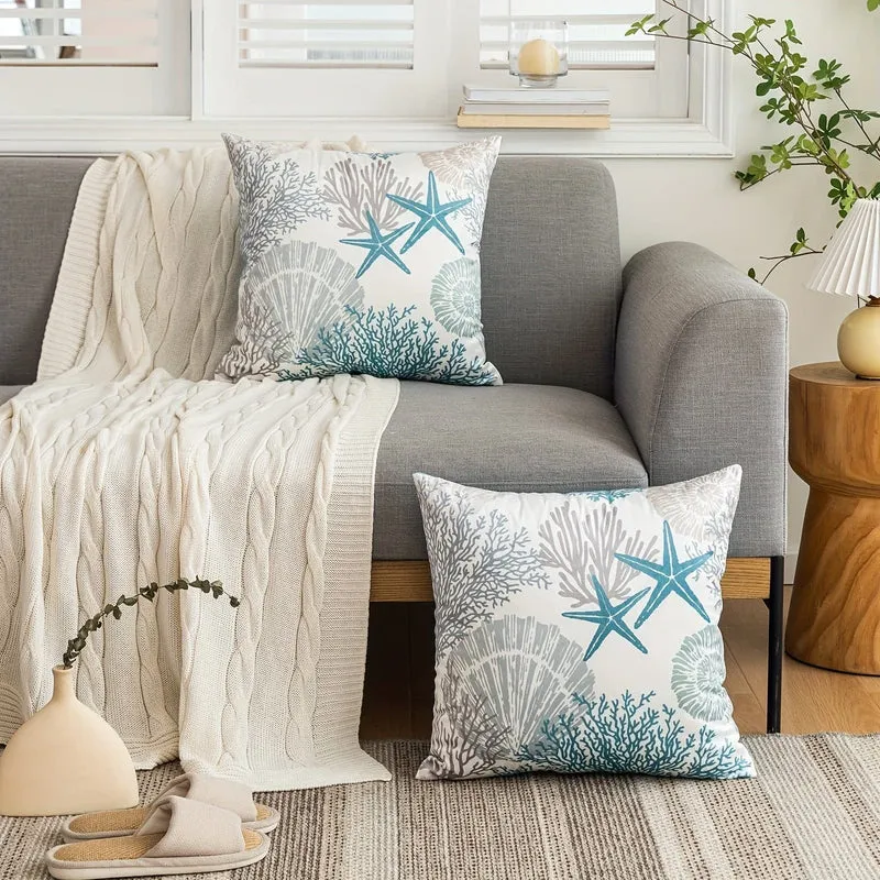 2 Stück superweiche nautische Küsten-Kissenbezüge, Ozean-Thema, Strand, Muschel, Koralle, Seestern, Couch-Kissenbezüge, Outdoor-Sofa-Kissenbezug, modernes Dekor für Bett, Wohnzimmer, 18 x 18 cm