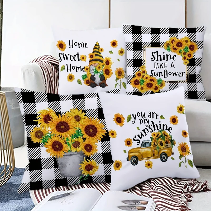 4 Stück Sommer-Sonnenblumen-Überwurf-Kissenbezug mit englischen Buchstaben, Kissenbezug für Schlafzimmer, Sofa, Couch, Auto, Heimdekoration, ohne Kisseneinsatz, 18 x 18 cm