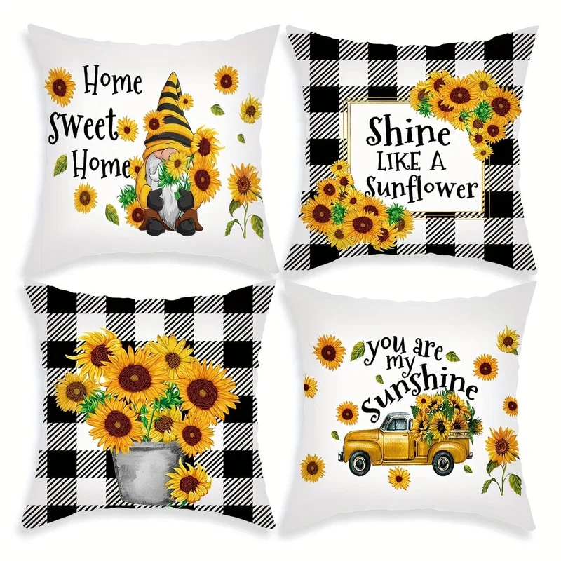 4 Stück Sommer-Sonnenblumen-Überwurf-Kissenbezug mit englischen Buchstaben, Kissenbezug für Schlafzimmer, Sofa, Couch, Auto, Heimdekoration, ohne Kisseneinsatz, 18 x 18 cm