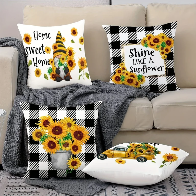 4 Stück Sommer-Sonnenblumen-Überwurf-Kissenbezug mit englischen Buchstaben, Kissenbezug für Schlafzimmer, Sofa, Couch, Auto, Heimdekoration, ohne Kisseneinsatz, 18 x 18 cm