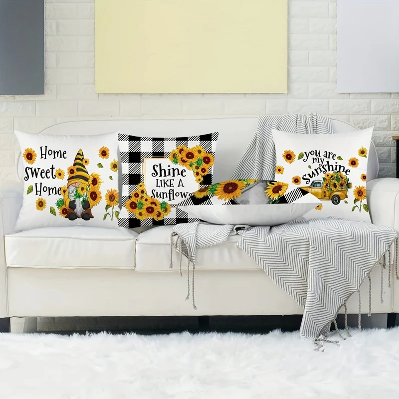 4 Stück Sommer-Sonnenblumen-Überwurf-Kissenbezug mit englischen Buchstaben, Kissenbezug für Schlafzimmer, Sofa, Couch, Auto, Heimdekoration, ohne Kisseneinsatz, 18 x 18 cm