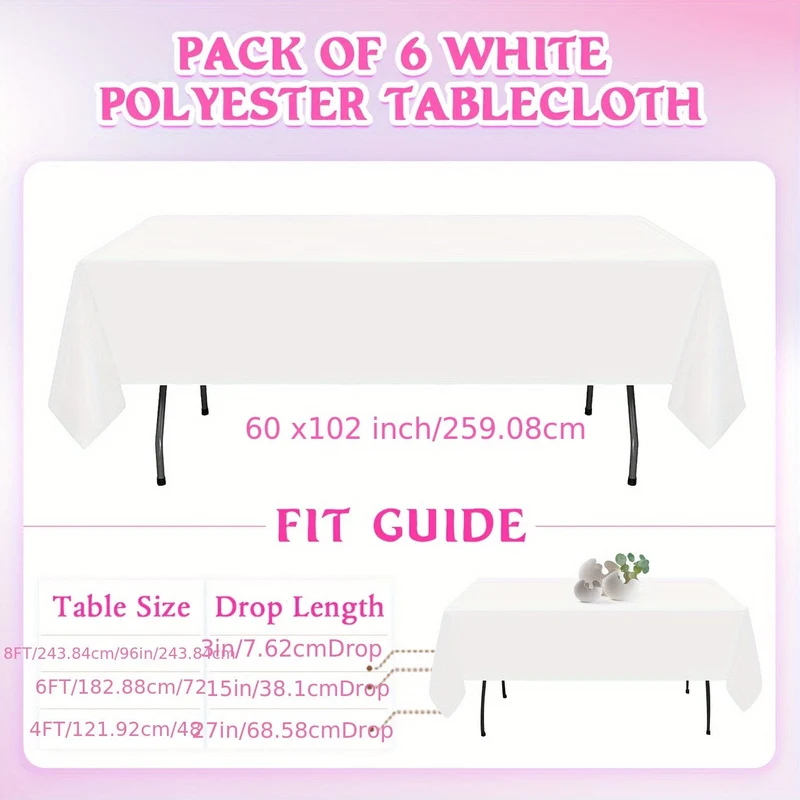 6-teiliges weißes Tischtuch, rechteckiges Tischtuch im schlichten Stil für den Esstisch, knitterfreie, waschbare Tischdecke aus Polyester für Esszimmerpartys und Camping