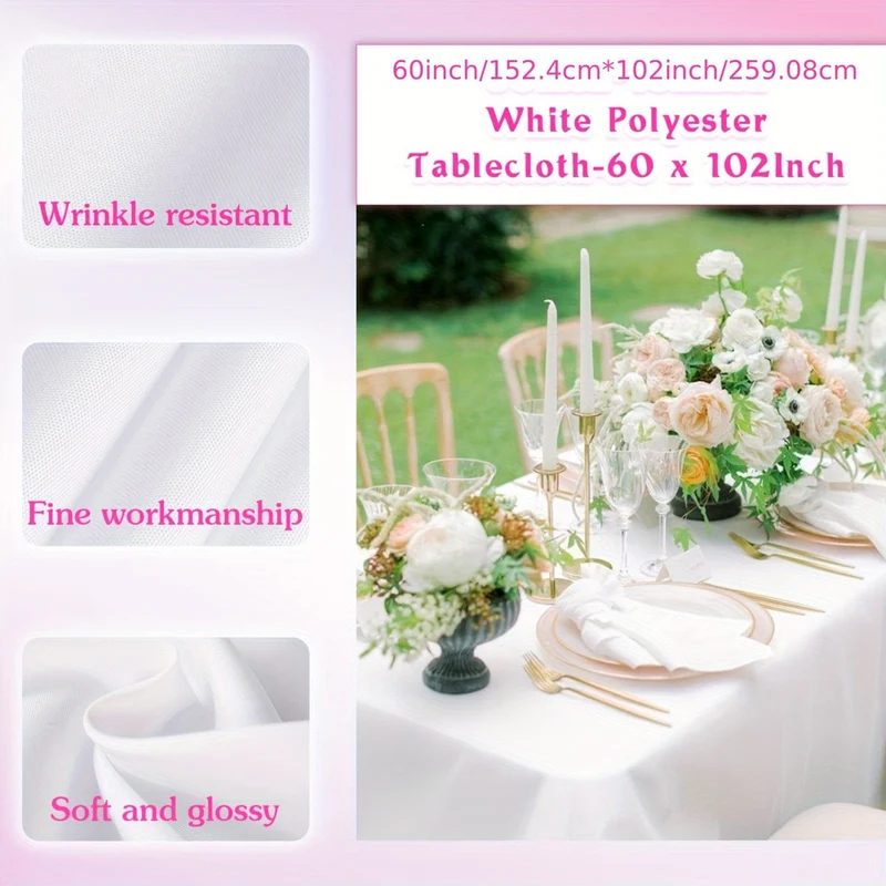 6-teiliges weißes Tischtuch, rechteckiges Tischtuch im schlichten Stil für den Esstisch, knitterfreie, waschbare Tischdecke aus Polyester für Esszimmerpartys und Camping