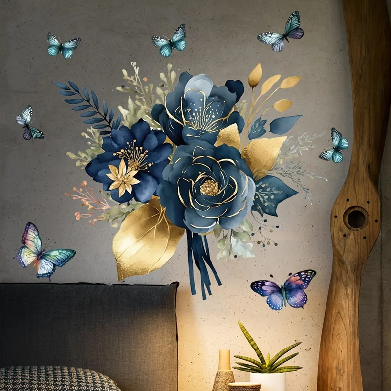1 Stück blauer Mandala-Blumen-Schmetterlings-Umrandung dekorativer Wandaufkleber, abnehmbarer Wandaufkleber aus PVC-Material, geeignet für Küchenwandaufkleber