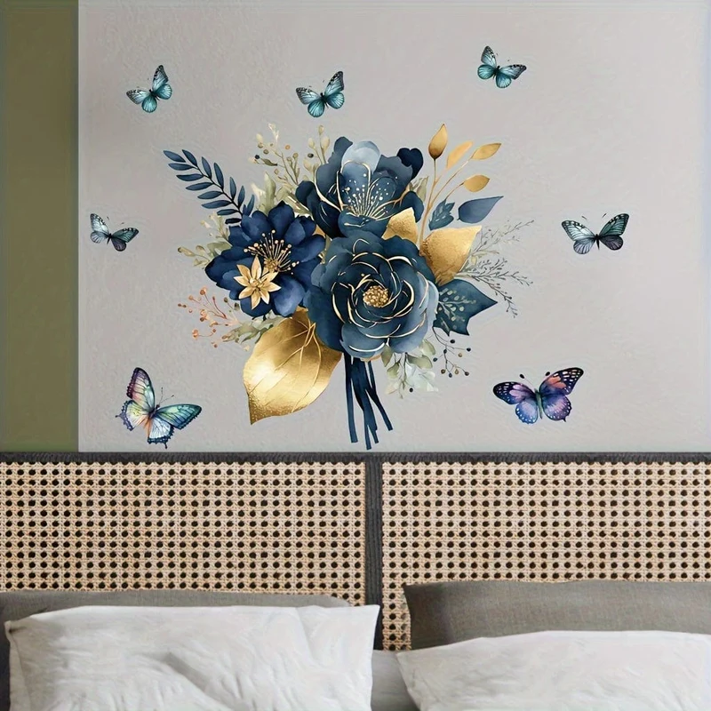 1 Stück blauer Mandala-Blumen-Schmetterlings-Umrandung dekorativer Wandaufkleber, abnehmbarer Wandaufkleber aus PVC-Material, geeignet für Küchenwandaufkleber