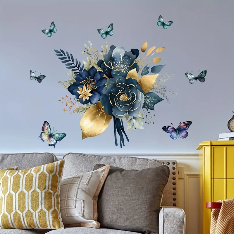 1 Stück blauer Mandala-Blumen-Schmetterlings-Umrandung dekorativer Wandaufkleber, abnehmbarer Wandaufkleber aus PVC-Material, geeignet für Küchenwandaufkleber