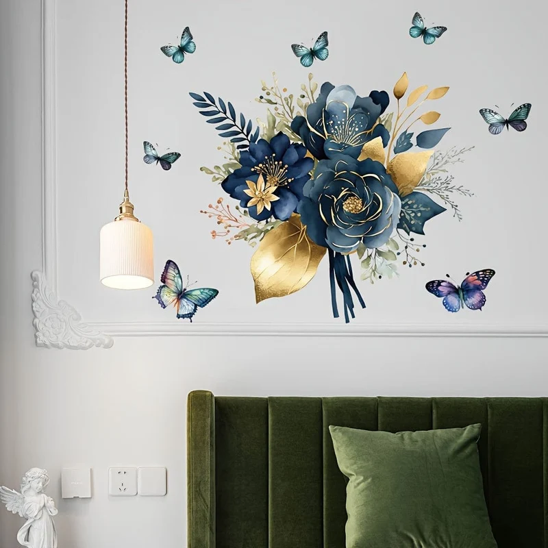 1 Stück blauer Mandala-Blumen-Schmetterlings-Umrandung dekorativer Wandaufkleber, abnehmbarer Wandaufkleber aus PVC-Material, geeignet für Küchenwandaufkleber