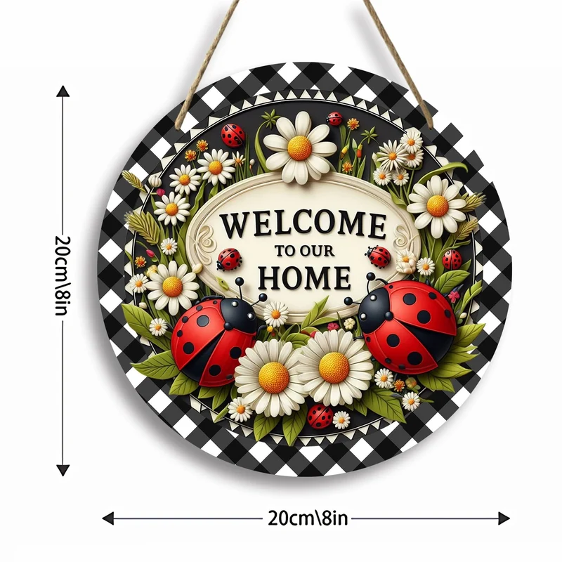 Marienkäfer-Kranzschild, 1 Stück, Sieben-Sterne-Marienkäfer, Willkommensschild, Frühlings-/Ferientür-/Wanddekoration, rundes Holzschild für Zuhause, Zimmer, Bauernhaus, Veranda