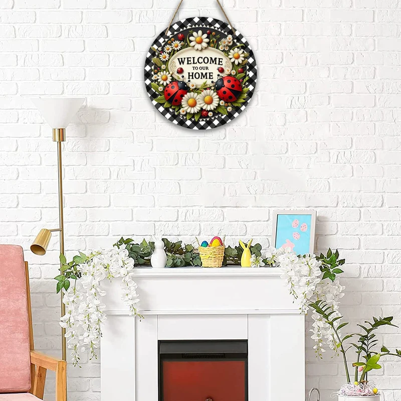 Marienkäfer-Kranzschild, 1 Stück, Sieben-Sterne-Marienkäfer, Willkommensschild, Frühlings-/Ferientür-/Wanddekoration, rundes Holzschild für Zuhause, Zimmer, Bauernhaus, Veranda