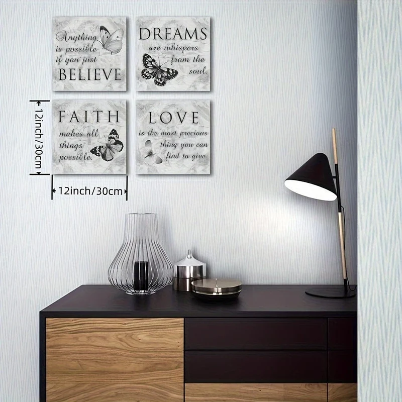 4-teilig, Wandkunstgemälde mit inspirierenden Zitaten, graues motivierendes Naturbild, Kunstwerk der zeitgenössischen Wohn- und Wohnzimmerdekoration, ohne Rahmen
