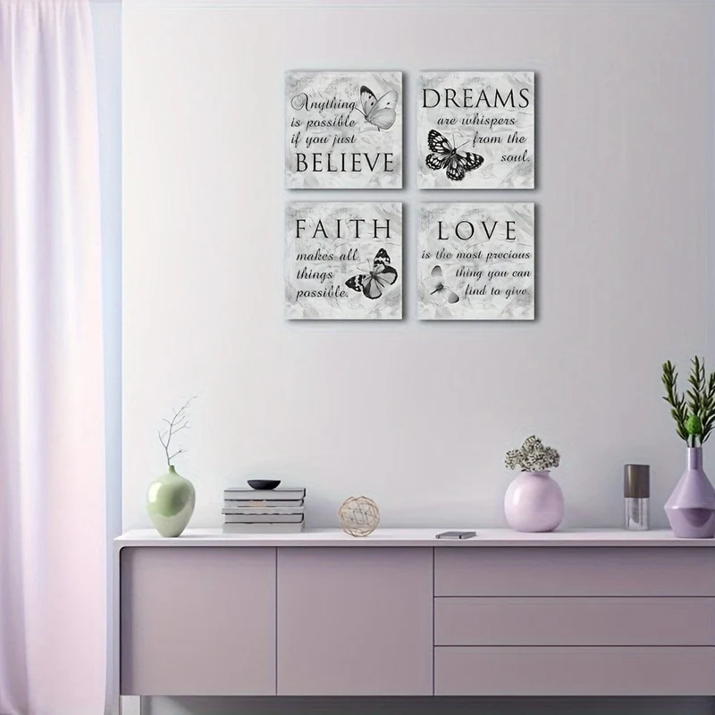 4-teilig, Wandkunstgemälde mit inspirierenden Zitaten, graues motivierendes Naturbild, Kunstwerk der zeitgenössischen Wohn- und Wohnzimmerdekoration, ohne Rahmen
