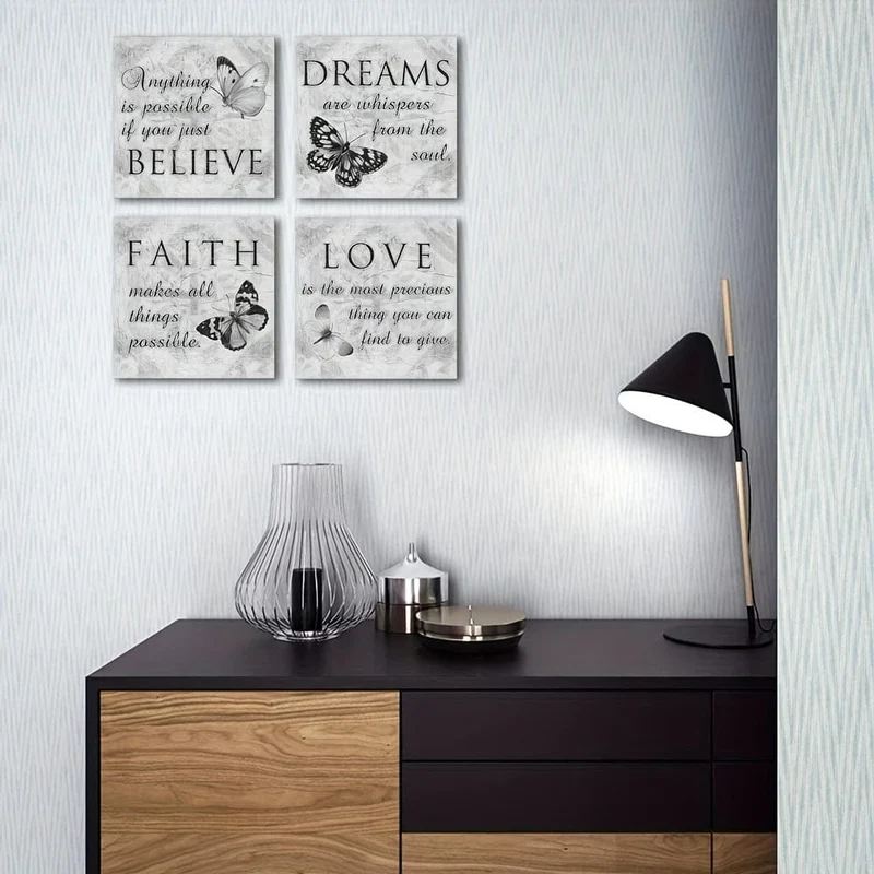 4-teilig, Wandkunstgemälde mit inspirierenden Zitaten, graues motivierendes Naturbild, Kunstwerk der zeitgenössischen Wohn- und Wohnzimmerdekoration, ohne Rahmen
