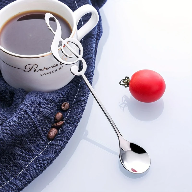 1 x Edelstahllöffel, Dessertlöffel mit kreativem Musiknoten-Design, Kaffeelöffel, Rührlöffel, für Zuhause, Wohnheim, Büro, Café, Restaurant, Hotel, Küchenbedarf, Besteckzubehör