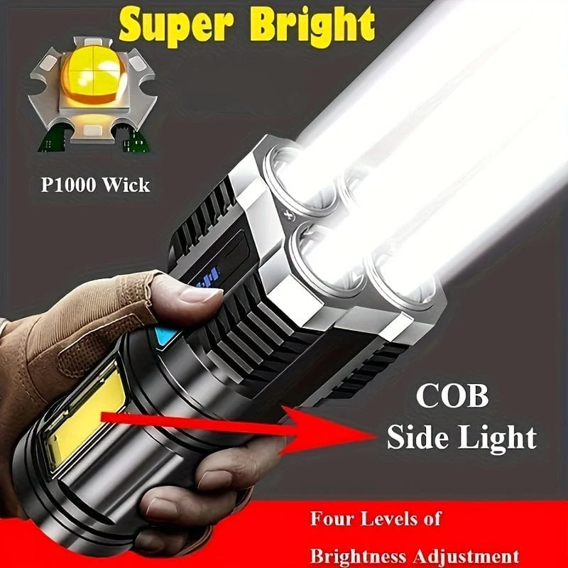 1-teilige LED-Taschenlampe, leistungsstarke 4-LED-Taschenlampe mit COB-Seitenlicht, 4 Modi, wiederaufladbare USB-LED-Taschenlampe, wasserdichte Taschenlampe mit integriertem Akku, Camping-Werkzeug