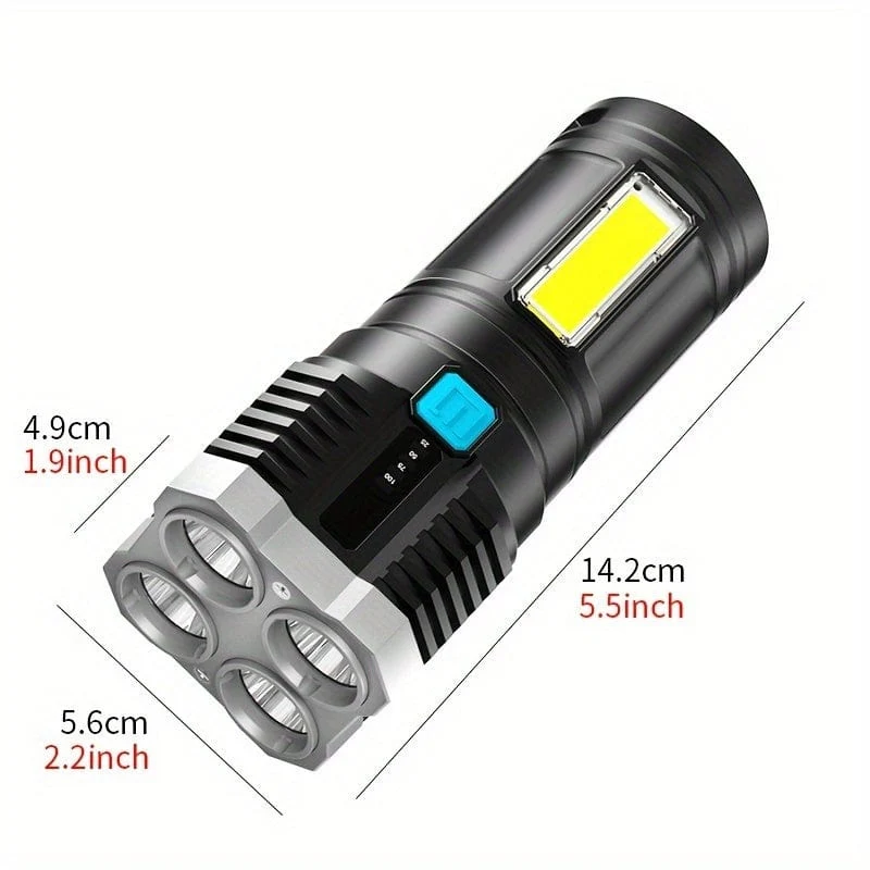 1-teilige LED-Taschenlampe, leistungsstarke 4-LED-Taschenlampe mit COB-Seitenlicht, 4 Modi, wiederaufladbare USB-LED-Taschenlampe, wasserdichte Taschenlampe mit integriertem Akku, Camping-Werkzeug
