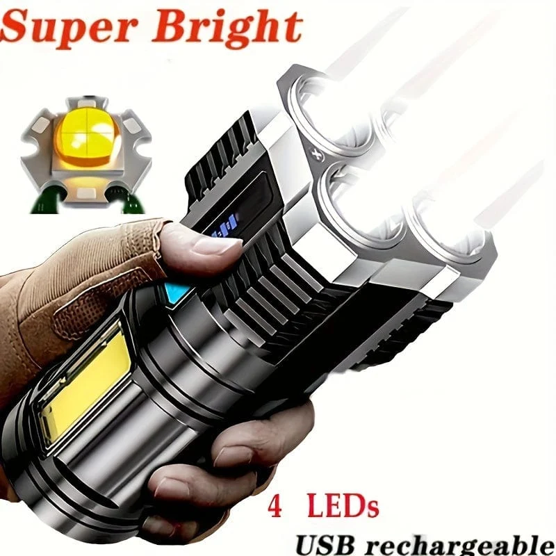 1-teilige LED-Taschenlampe, leistungsstarke 4-LED-Taschenlampe mit COB-Seitenlicht, 4 Modi, wiederaufladbare USB-LED-Taschenlampe, wasserdichte Taschenlampe mit integriertem Akku, Camping-Werkzeug