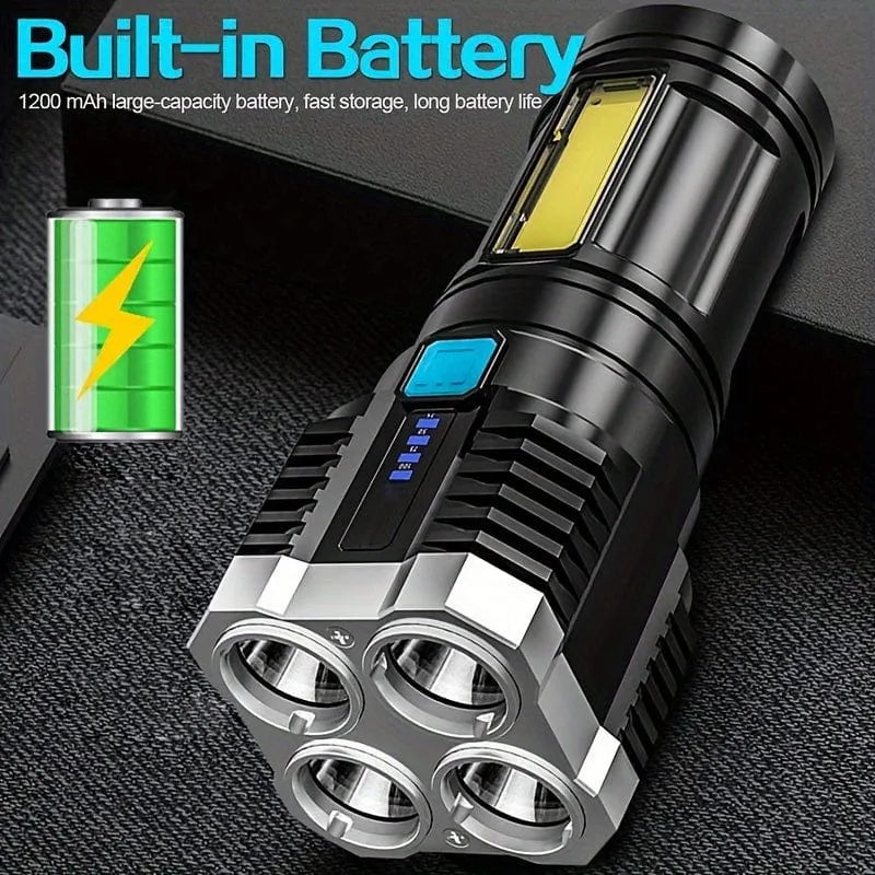 1-teilige LED-Taschenlampe, leistungsstarke 4-LED-Taschenlampe mit COB-Seitenlicht, 4 Modi, wiederaufladbare USB-LED-Taschenlampe, wasserdichte Taschenlampe mit integriertem Akku, Camping-Werkzeug
