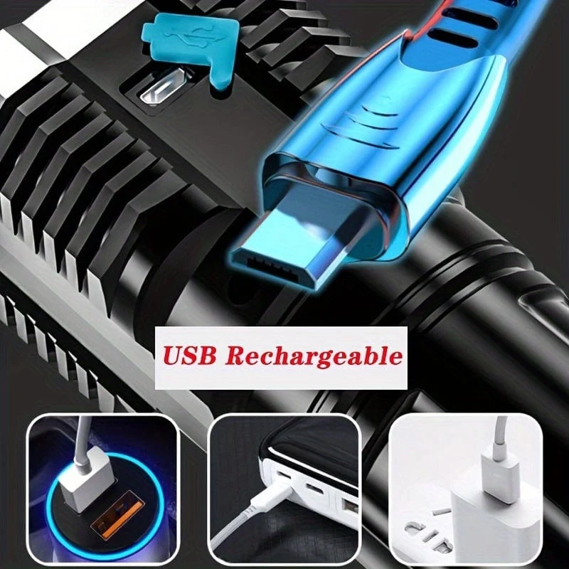 1-teilige LED-Taschenlampe, leistungsstarke 4-LED-Taschenlampe mit COB-Seitenlicht, 4 Modi, wiederaufladbare USB-LED-Taschenlampe, wasserdichte Taschenlampe mit integriertem Akku, Camping-Werkzeug
