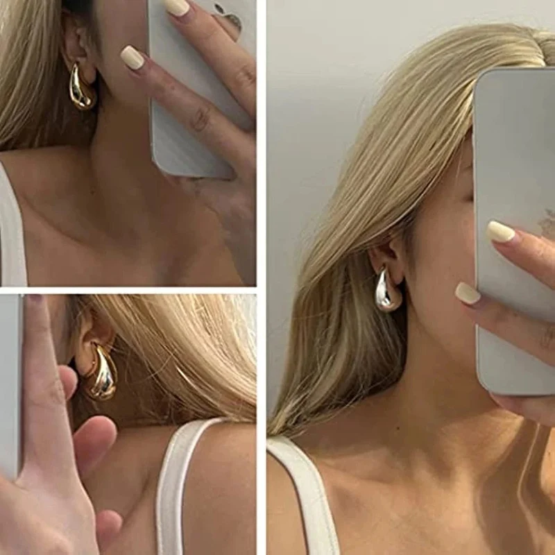 Edelstahl vergoldete Tropfen-Ohrringe Dupes für Damen, leichte, glatte Wassertropfen-Creolen aus Metall, trendiger Schmuck