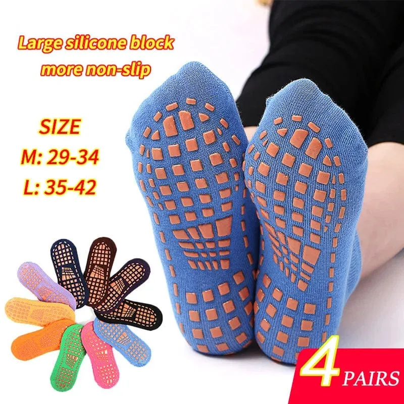 4 Paar Yoga Pilates Trampolin Damen Socken für Erwachsene/Kinder Silikon Anti-Rutsch-Griff Baumwollsocken Boden Fußmassage Knöchelsocken
