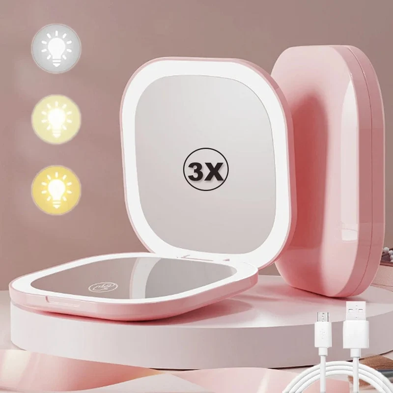 Kompakter LED-Schminkspiegel mit Licht, 1-fach/3-facher Vergrößerungstasche, tragbar, für Reisen, faltbar, Kosmetikspiegel, Geschenke für Frauen