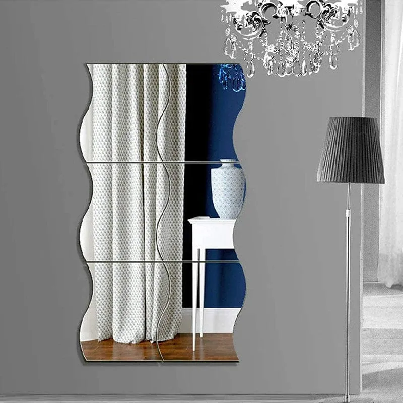 6PCS Spiegel Wandaufkleber Selbstklebende Acrylspiegel Wandaufkleber DIY Kunstspiegel Kreative Wellenform Badezimmer Wohnzimmer Dekor