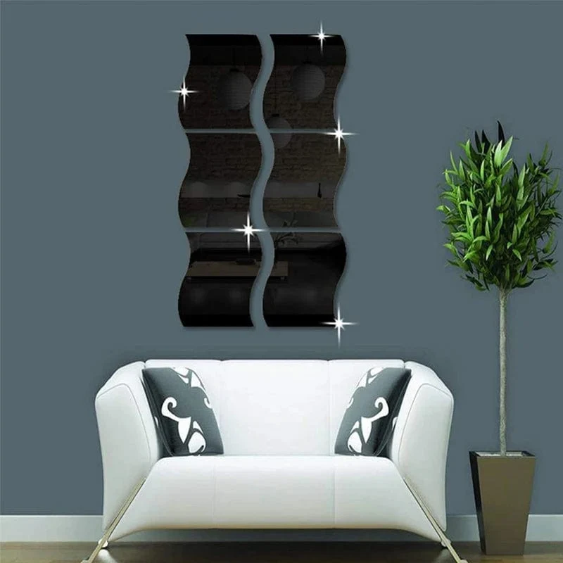 6PCS Spiegel Wandaufkleber Selbstklebende Acrylspiegel Wandaufkleber DIY Kunstspiegel Kreative Wellenform Badezimmer Wohnzimmer Dekor