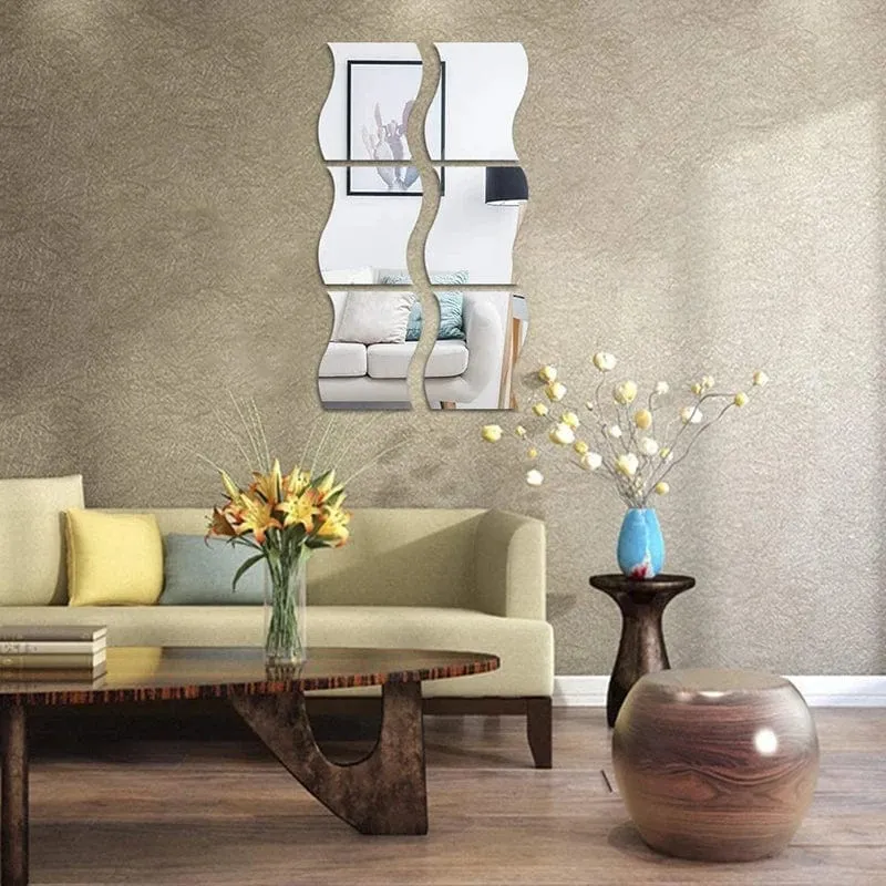 6PCS Spiegel Wandaufkleber Selbstklebende Acrylspiegel Wandaufkleber DIY Kunstspiegel Kreative Wellenform Badezimmer Wohnzimmer Dekor