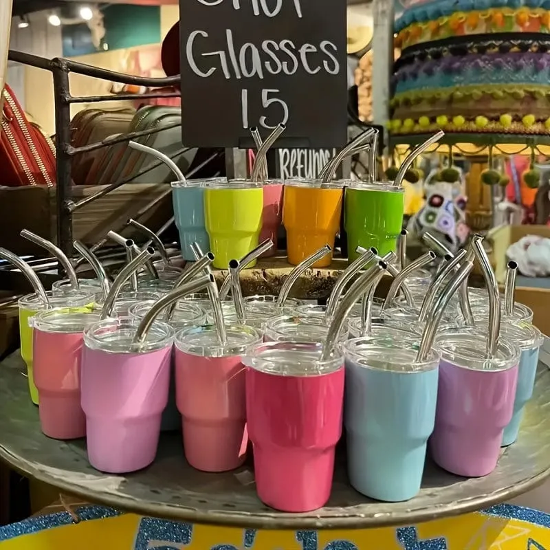 6 Stück, 3oz Mini-Edelstahl-Weingläser, Mini-Autobecher, Vakuum-Schnapsbecher mit Strohhalm, Metall-Wassergläser mit Deckel, Geschenk