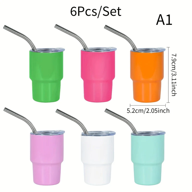 6 Stück, 3oz Mini-Edelstahl-Weingläser, Mini-Autobecher, Vakuum-Schnapsbecher mit Strohhalm, Metall-Wassergläser mit Deckel, Geschenk