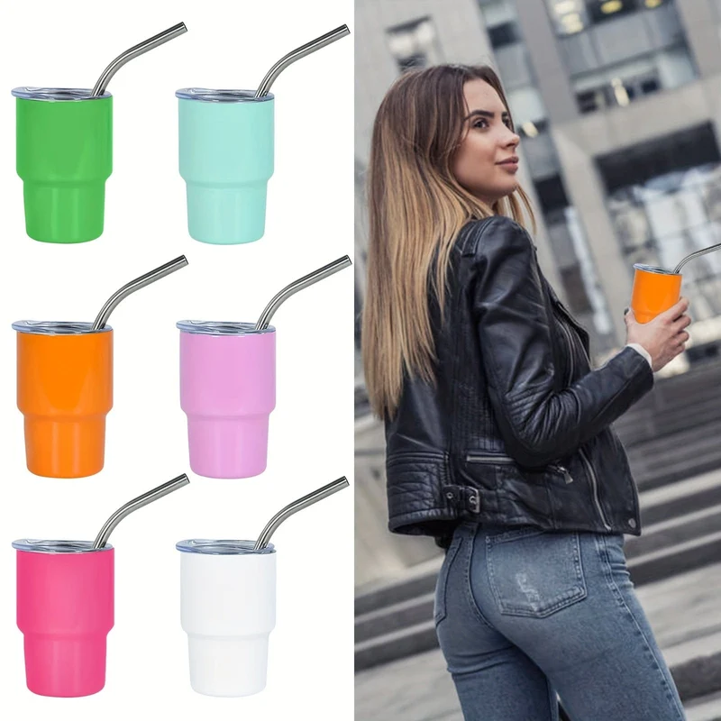6 Stück, 3oz Mini-Edelstahl-Weingläser, Mini-Autobecher, Vakuum-Schnapsbecher mit Strohhalm, Metall-Wassergläser mit Deckel, Geschenk