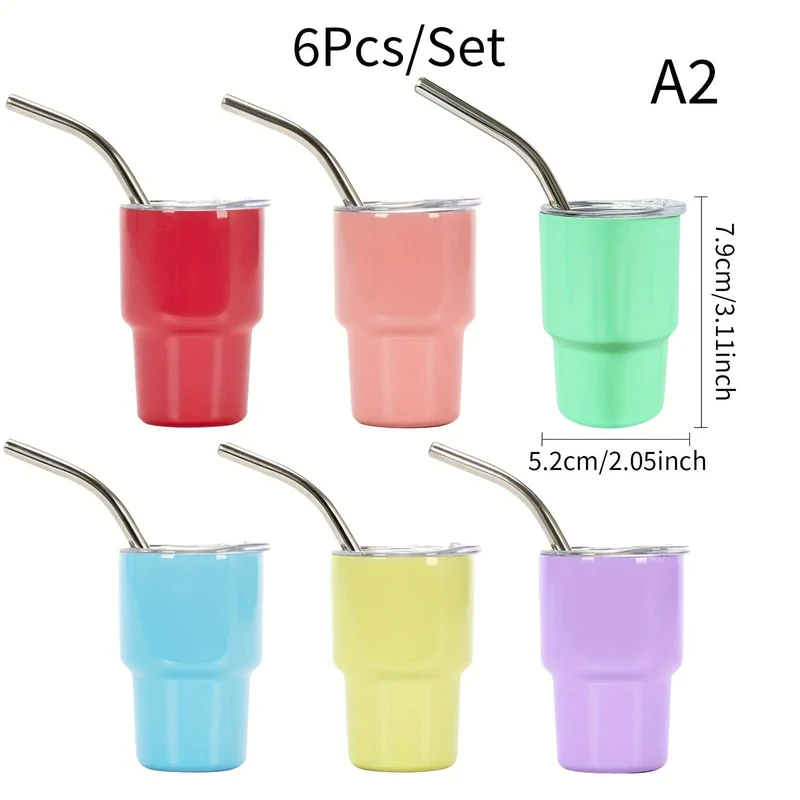 6 Stück, 3oz Mini-Edelstahl-Weingläser, Mini-Autobecher, Vakuum-Schnapsbecher mit Strohhalm, Metall-Wassergläser mit Deckel, Geschenk