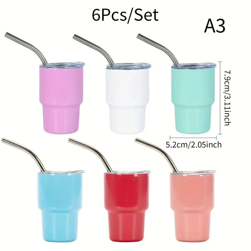 6 Stück, 3oz Mini-Edelstahl-Weingläser, Mini-Autobecher, Vakuum-Schnapsbecher mit Strohhalm, Metall-Wassergläser mit Deckel, Geschenk