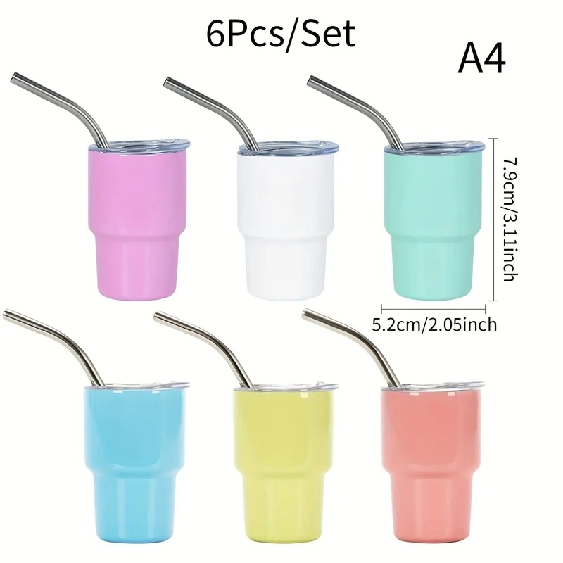 6 Stück, 3oz Mini-Edelstahl-Weingläser, Mini-Autobecher, Vakuum-Schnapsbecher mit Strohhalm, Metall-Wassergläser mit Deckel, Geschenk