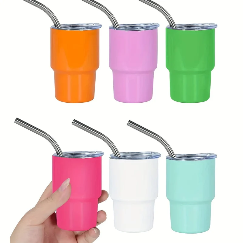 6 Stück, 3oz Mini-Edelstahl-Weingläser, Mini-Autobecher, Vakuum-Schnapsbecher mit Strohhalm, Metall-Wassergläser mit Deckel, Geschenk