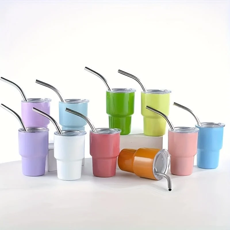 6 Stück, 3oz Mini-Edelstahl-Weingläser, Mini-Autobecher, Vakuum-Schnapsbecher mit Strohhalm, Metall-Wassergläser mit Deckel, Geschenk