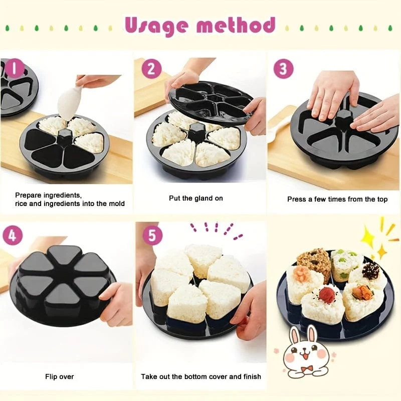 1 Stück Sushi-Form aus Kunststoff, Form für gepressten Reis, gepresste Form für Reisbällchen mit 6 Mulden, Bento-Form, nützliches Küchenzubehör, Heimwerkerbedarf, Küchenbedarf, Geschirrzubehör
