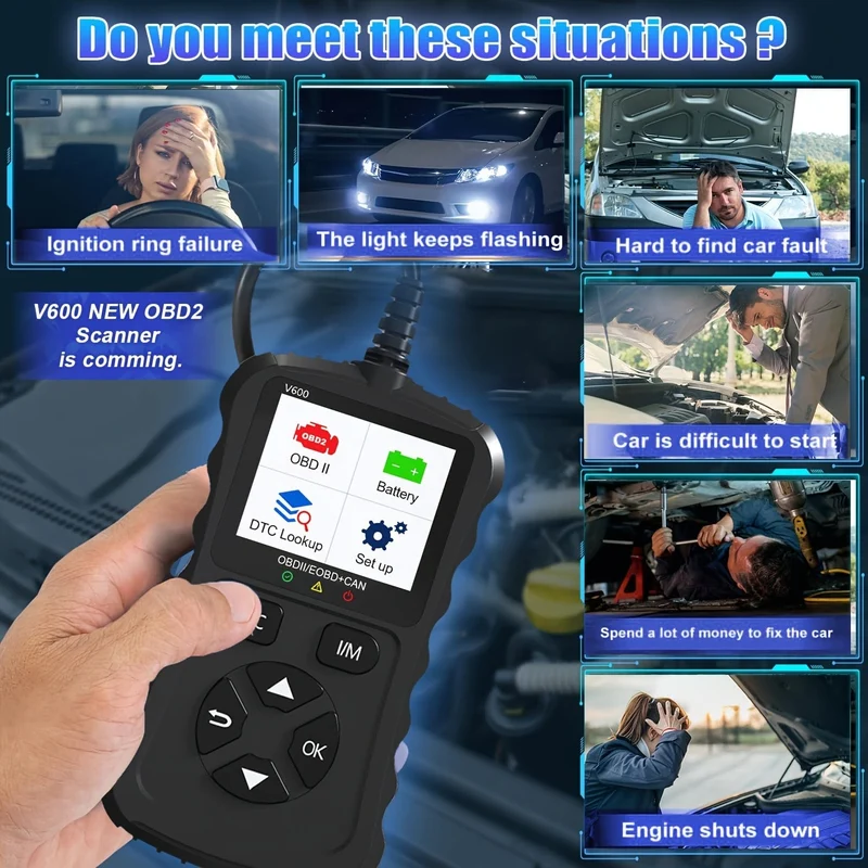 OBD2-Code-Scanner, OBDII-Auto-Code-Lesegerät, Motor-Fehlercode-Scanner, Anlass- und Ladetester, OBD2-Diagnosegerät für OBDII 12 V Benzinautos