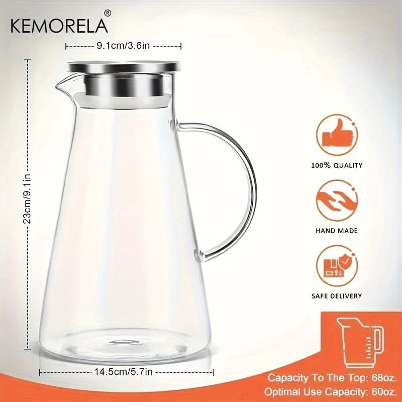 1 Stück 2.0 Liter 68oz Glaskrug mit Deckel, leicht zu reinigende, hitzebeständige Wasserkaraffe aus Glas mit Griff für heiße/kalte Getränke, Wasser, Kaltgetränk, Eistee und Saft, für Zuhause, Restaurant, Hotel, Büro, Trinkgeschirr-Zubehör