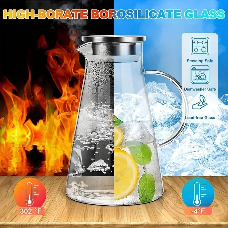 1 Stück 2.0 Liter 68oz Glaskrug mit Deckel, leicht zu reinigende, hitzebeständige Wasserkaraffe aus Glas mit Griff für heiße/kalte Getränke, Wasser, Kaltgetränk, Eistee und Saft, für Zuhause, Restaurant, Hotel, Büro, Trinkgeschirr-Zubehör