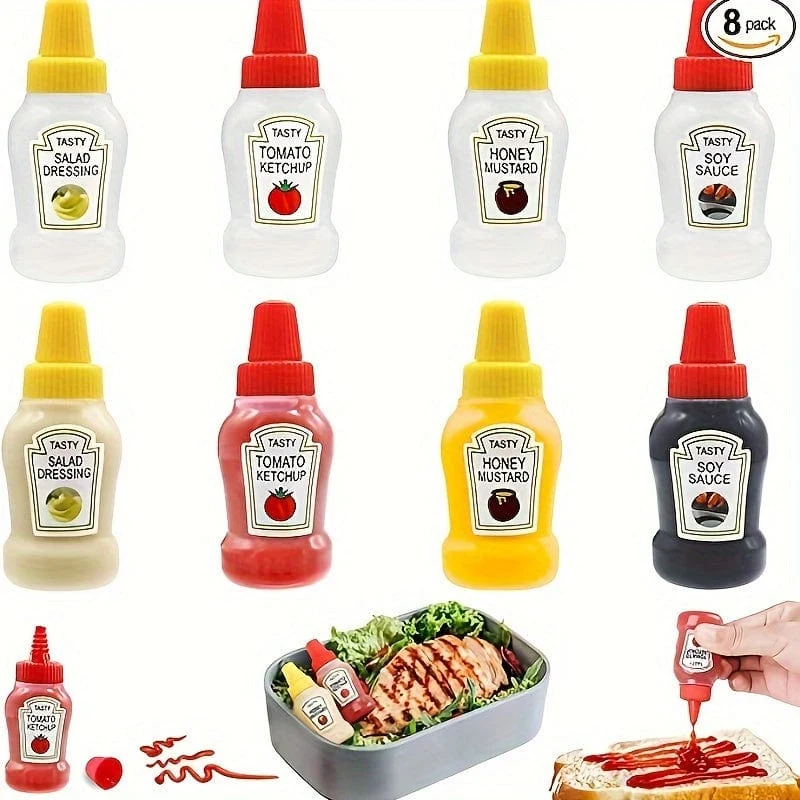 4 Stück, Mini-Sauce-Flaschen, Mini-Ketchup-Flaschen, Gewürz-Quetschflasche, tragbare Kunststoffbehälter, Flasche für Büro, Lunchbox, Picknick, Öl, Sojasauce, Honig, Salatdressing, Gewürzflasche, Küchenutensilien, Küchenutensilien